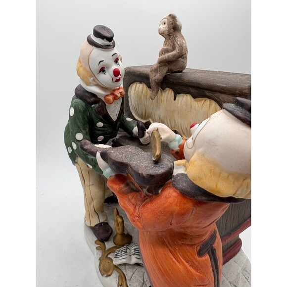 Vintage Clown Music Box Statue Two Clowns Monkey Hurdy Gurdy Circus Decor 9” - Picture 6 of 12